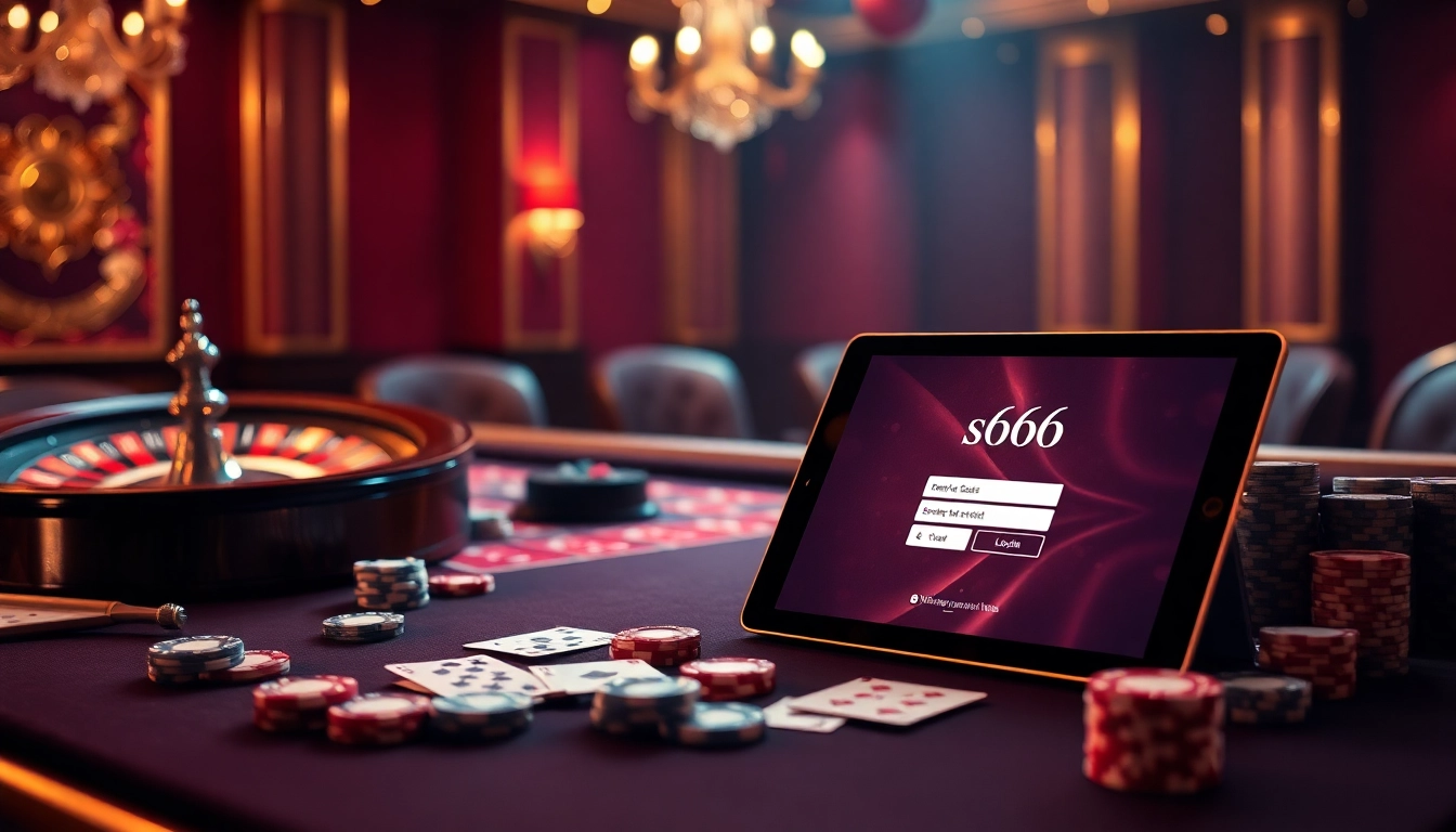 Experience the thrill of s666 đăng nhập at a luxurious casino table with poker chips and cards.