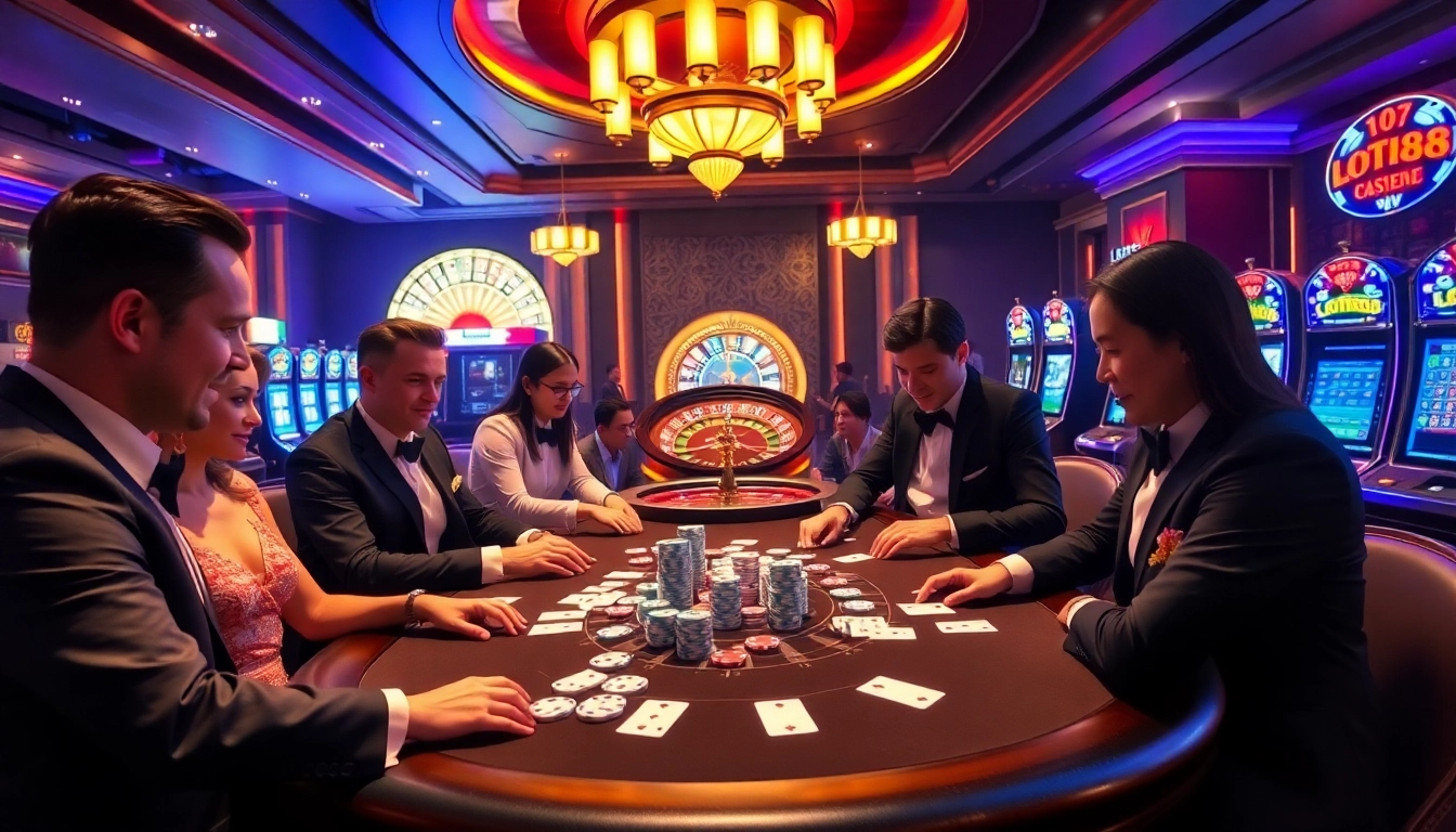 Engaging players enjoying high-stakes poker at LOTO188.gb.net casino with vibrant lights.