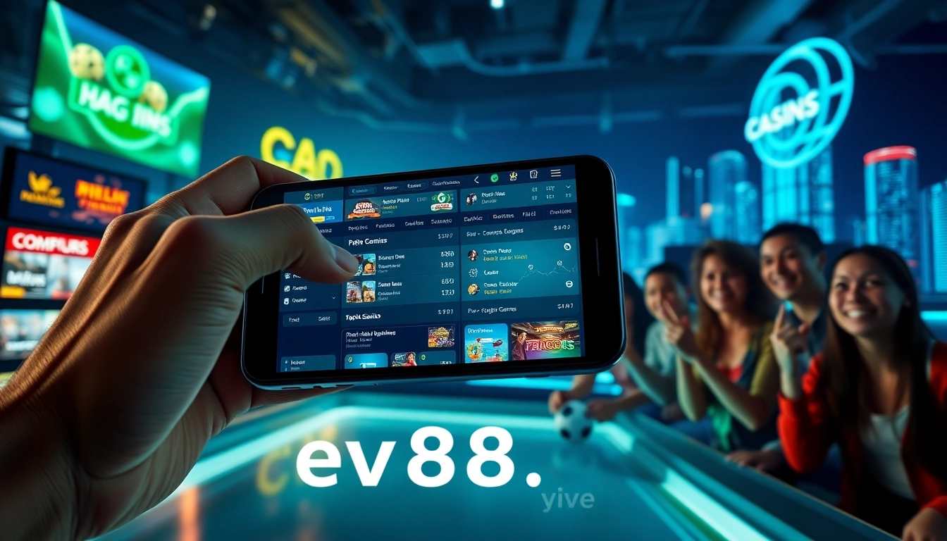 Engaging scene of players enjoying online gaming at ev88win.live, with a modern digital interface and vibrant atmosphere.