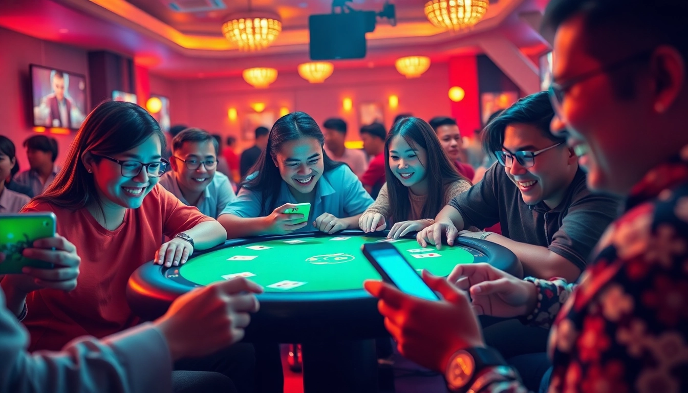 The energetic online gaming scene at topgamebaidoithuong.mx with players enjoying card games, showcasing excitement and rewards.