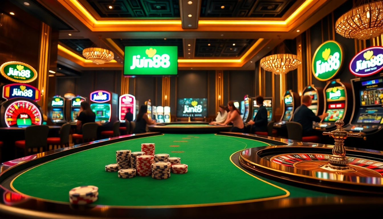 A dynamic gambling scene featuring jun88 phiên bản 1 with poker, roulette, and vibrant slot machines.