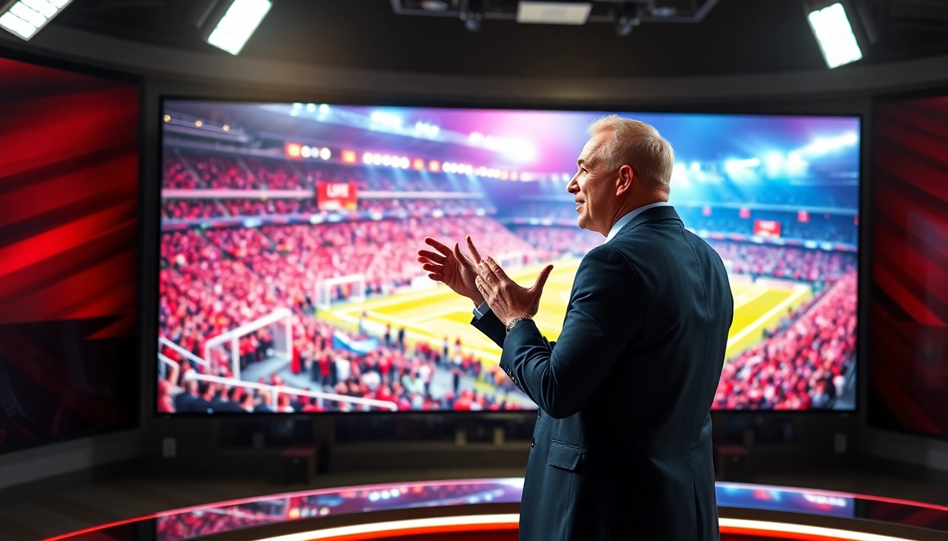 Dynamic sports broadcasting setup featuring a passionate presenter engaging viewers.