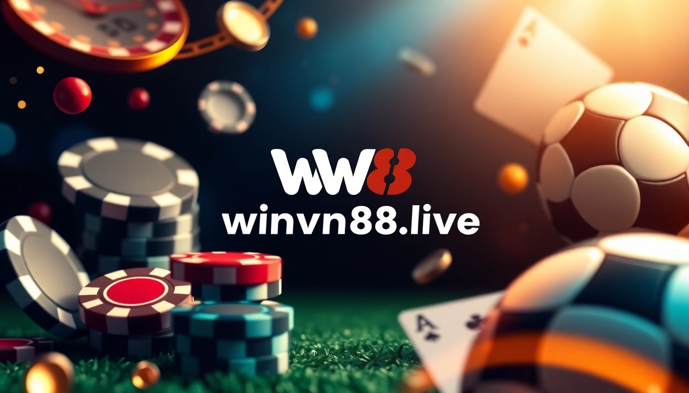 Promotional banner showcasing winvn88.live with sports betting and casino gaming elements.