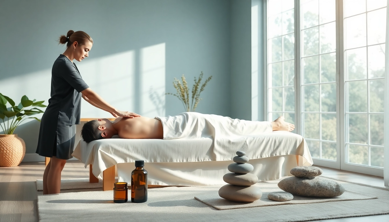 Deep tissue massage session in a serene therapy room with natural light and soft colors.