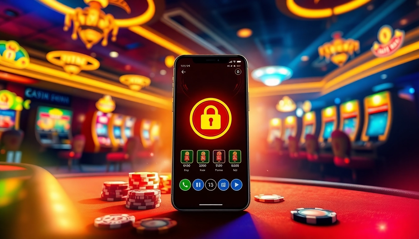 Tải App Nhà Cái 68VIP showcasing exciting gambling elements like casino tables and vibrant smartphone interface