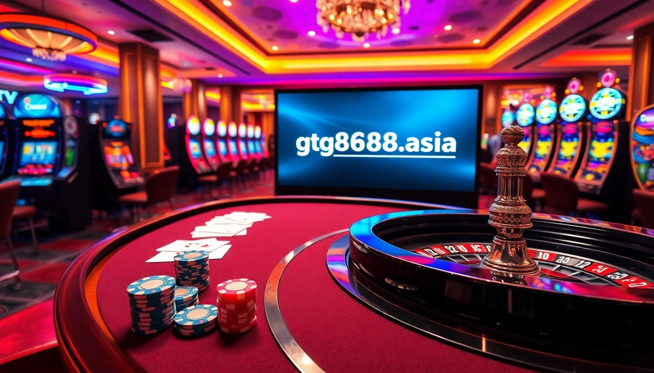 Thrilling casino scene showcasing gambling excitement at https://gg88vn.asia with vibrant slot machines and poker tables.