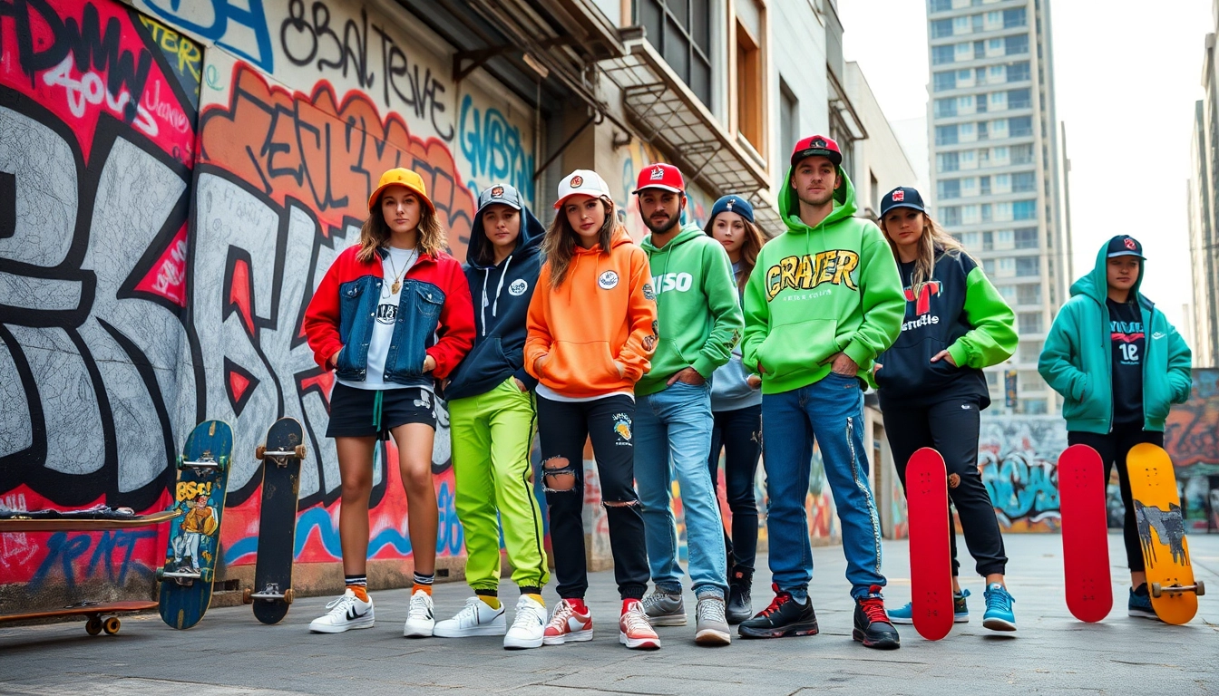 Young adults showcasing trendy streetwear clothes in an urban setting.