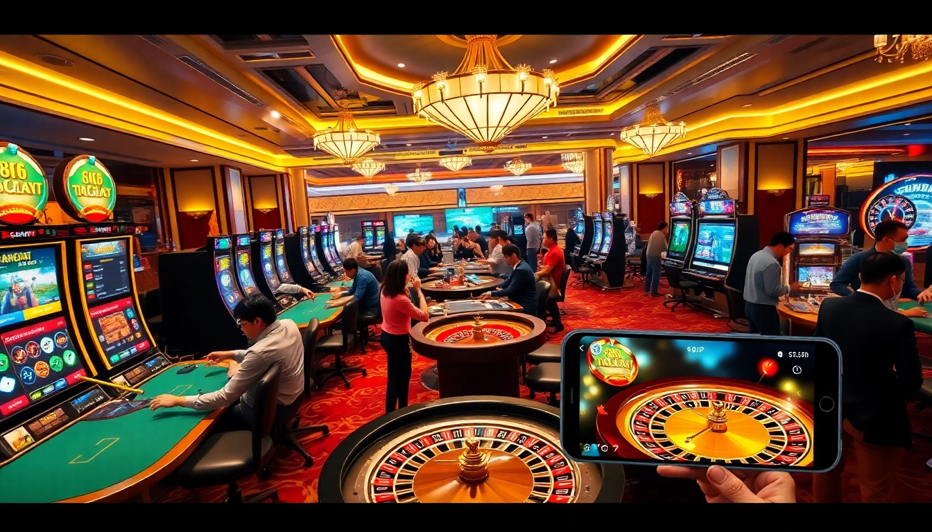 Tải App Nhà Cái 68VIP shown on a smartphone amidst a vibrant casino scene with excited players.