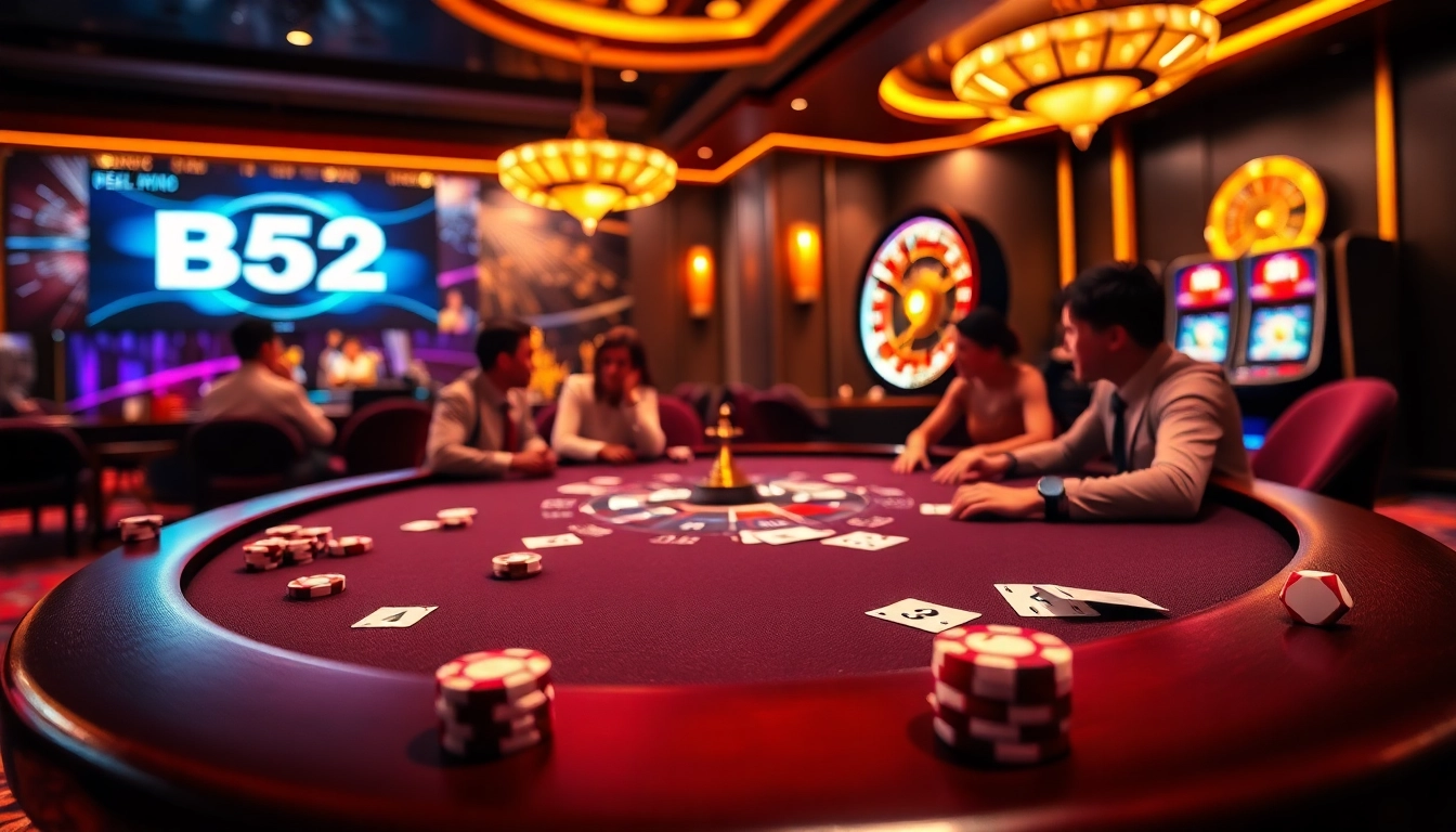 Exciting B52 gaming experience with vibrant poker table, chips, and roulette wheel.