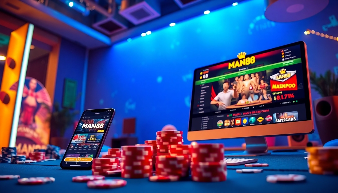 Man88 online gambling platform with interactive gaming elements and vibrant atmosphere