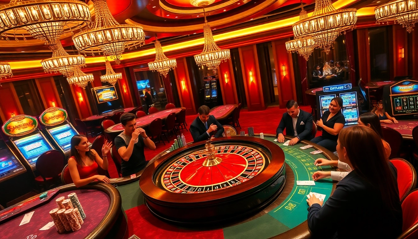 Nohu-themed casino scene showcasing players at a roulette table and vibrant poker games.