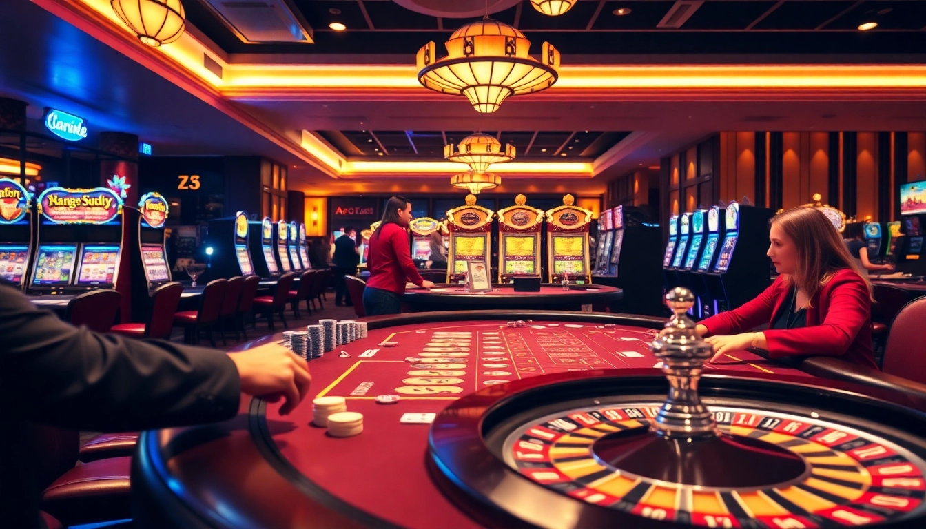 Exciting casino scene featuring z bet games with poker chips and vibrant slot machines.