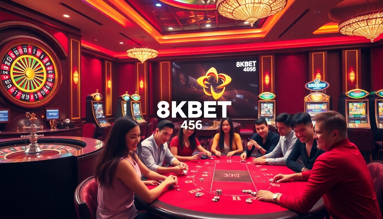 A thrilling poker game at 8KBET 456 casino with players engaged, chips stacked, and a classy ambiance.