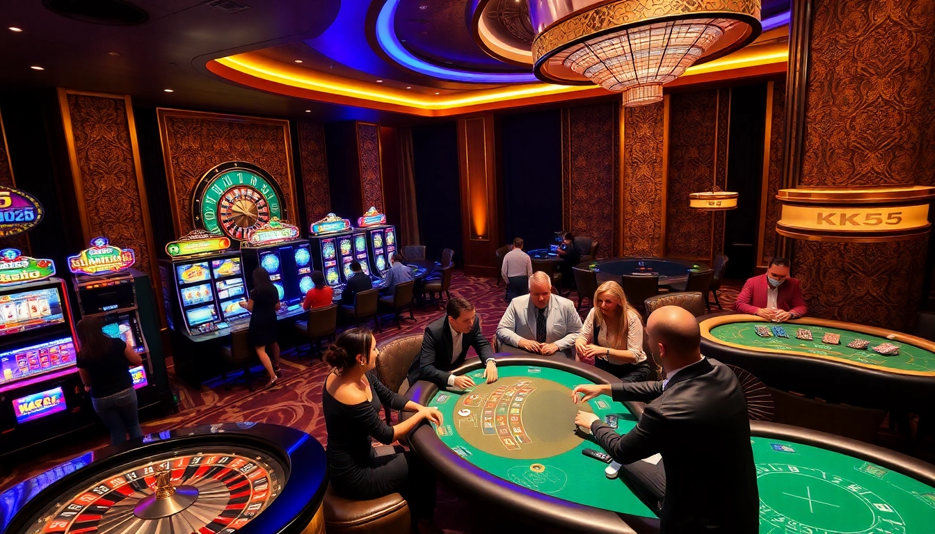 Experience excitement at KK55 casino tables with vibrant slot machines and engaging players.